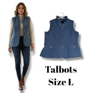 Talbots Vest Blue Quilted Steel Gold Logo Buttons Women’s Size Large EUC